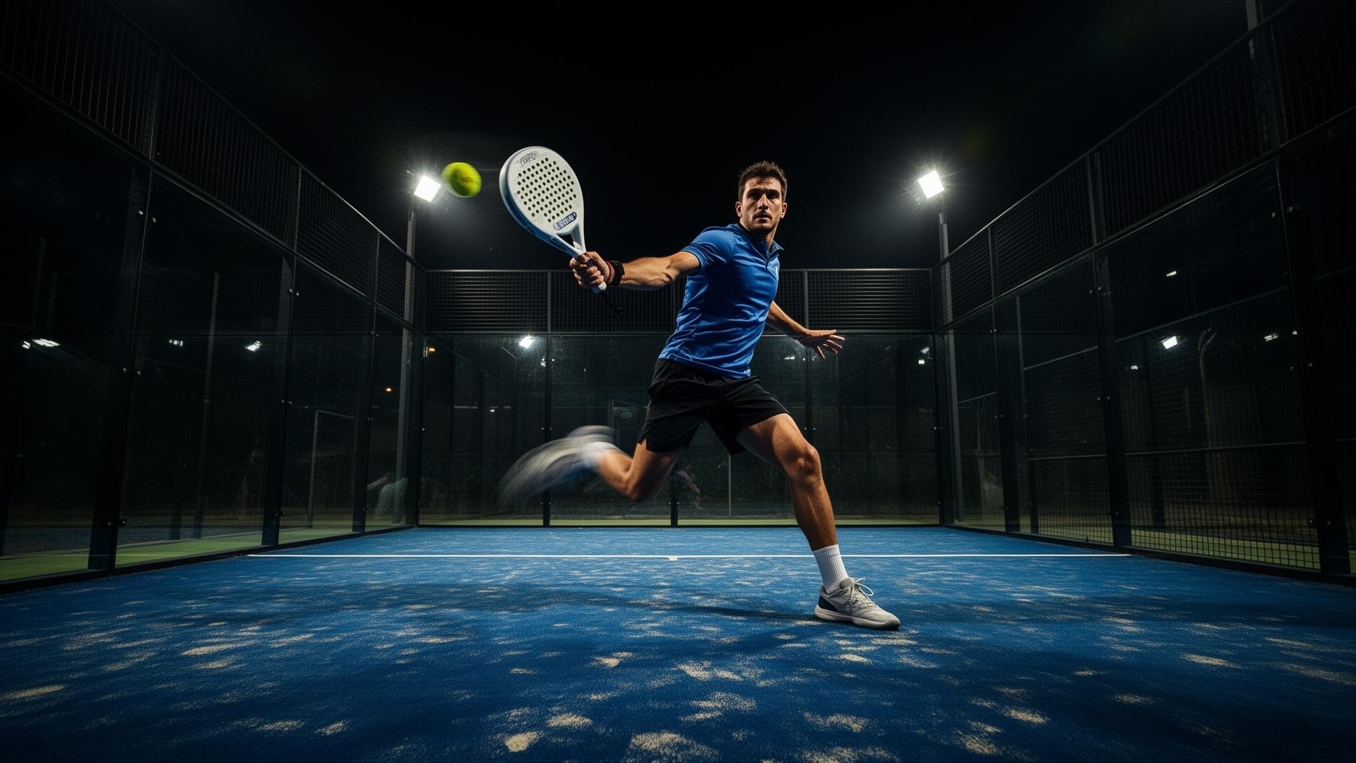 Padel player mid-smash on indoor court